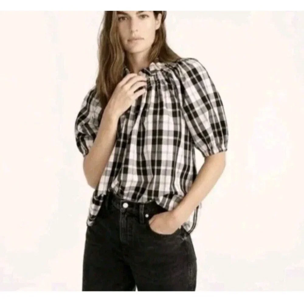 J Crew Smocked Neck Puff Sleeve Top In Friday Plaid Sz S Preppy Office Work